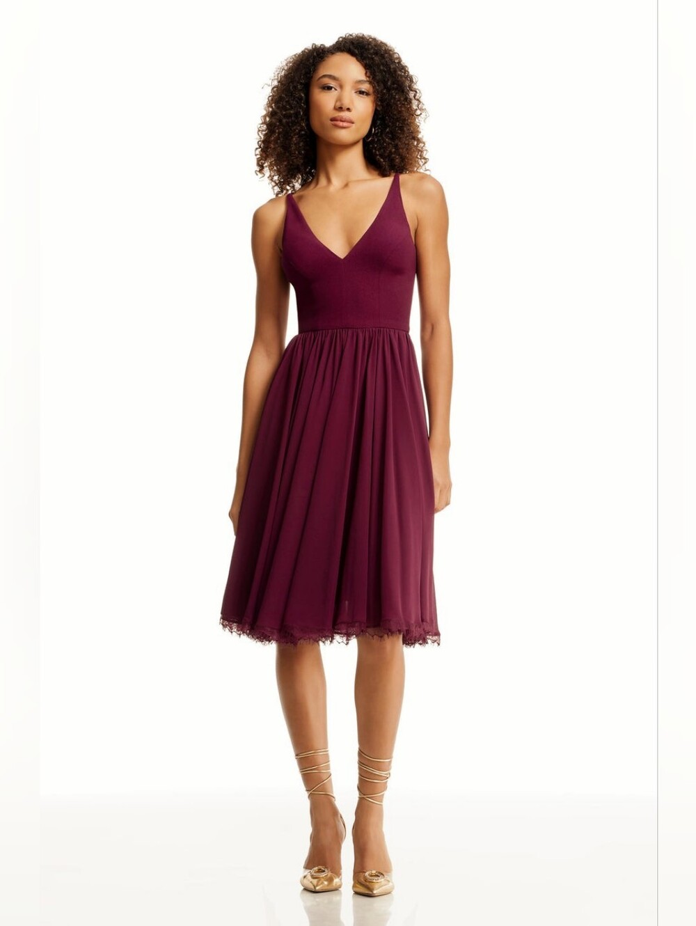 Dress The Population Alicia Dress Burgundy Chiffon Fit & Flare Lace Trim Size L